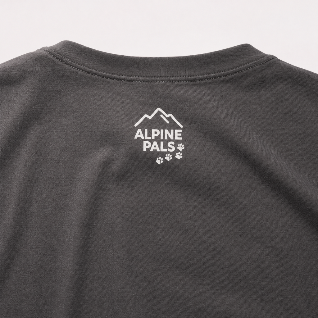 Graphite gray shirt with 'Alpine Pals' logo on a light gray background