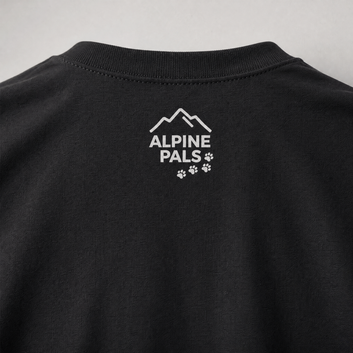 Black shirt with 'Alpine Pals' logo on a gray background