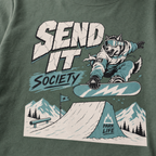 T-shirt with a graphic of a snowboarder and 'Send It Society' text on a green background