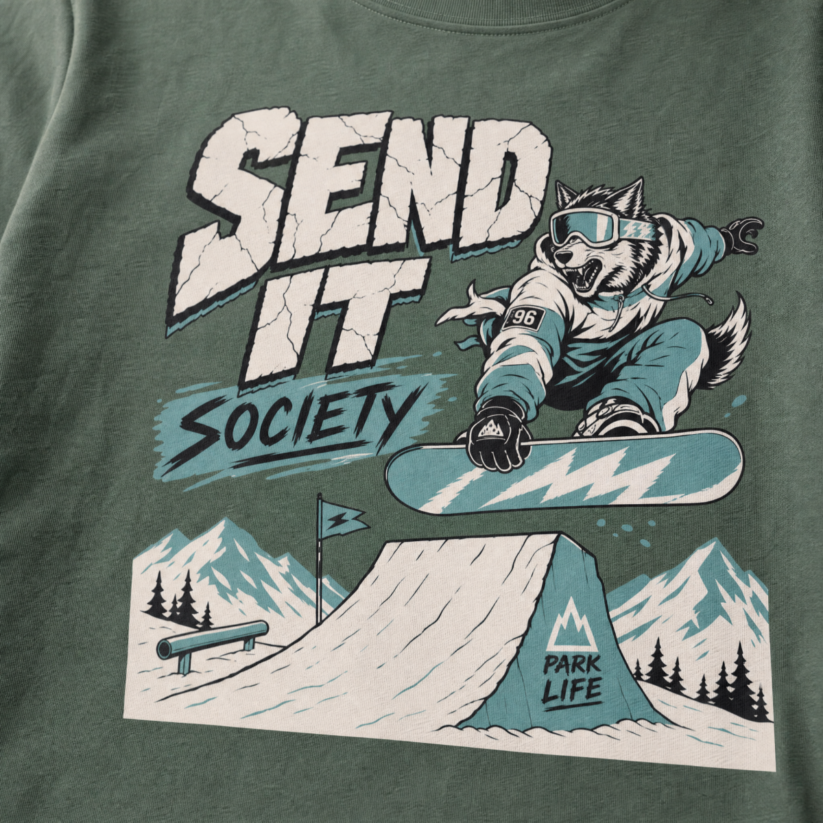 T-shirt with a graphic of a snowboarder and 'Send It Society' text on a green background