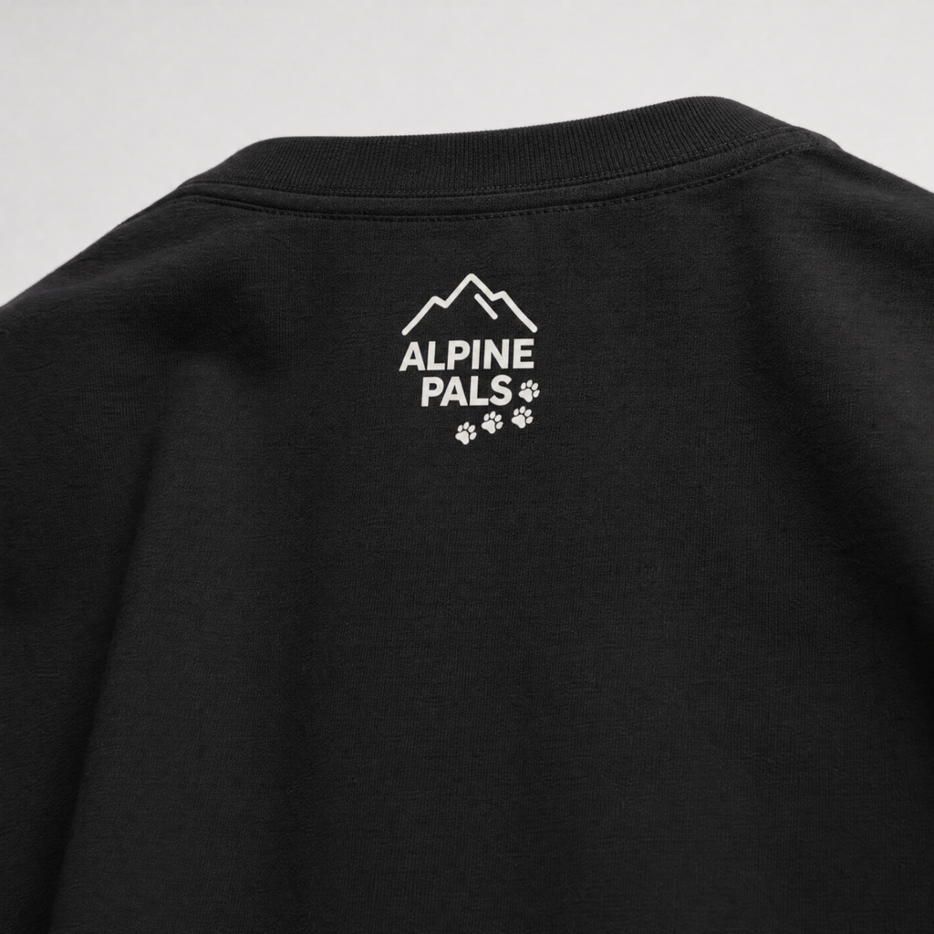 Black shirt with 'Alpine Pals' logo on a light gray background