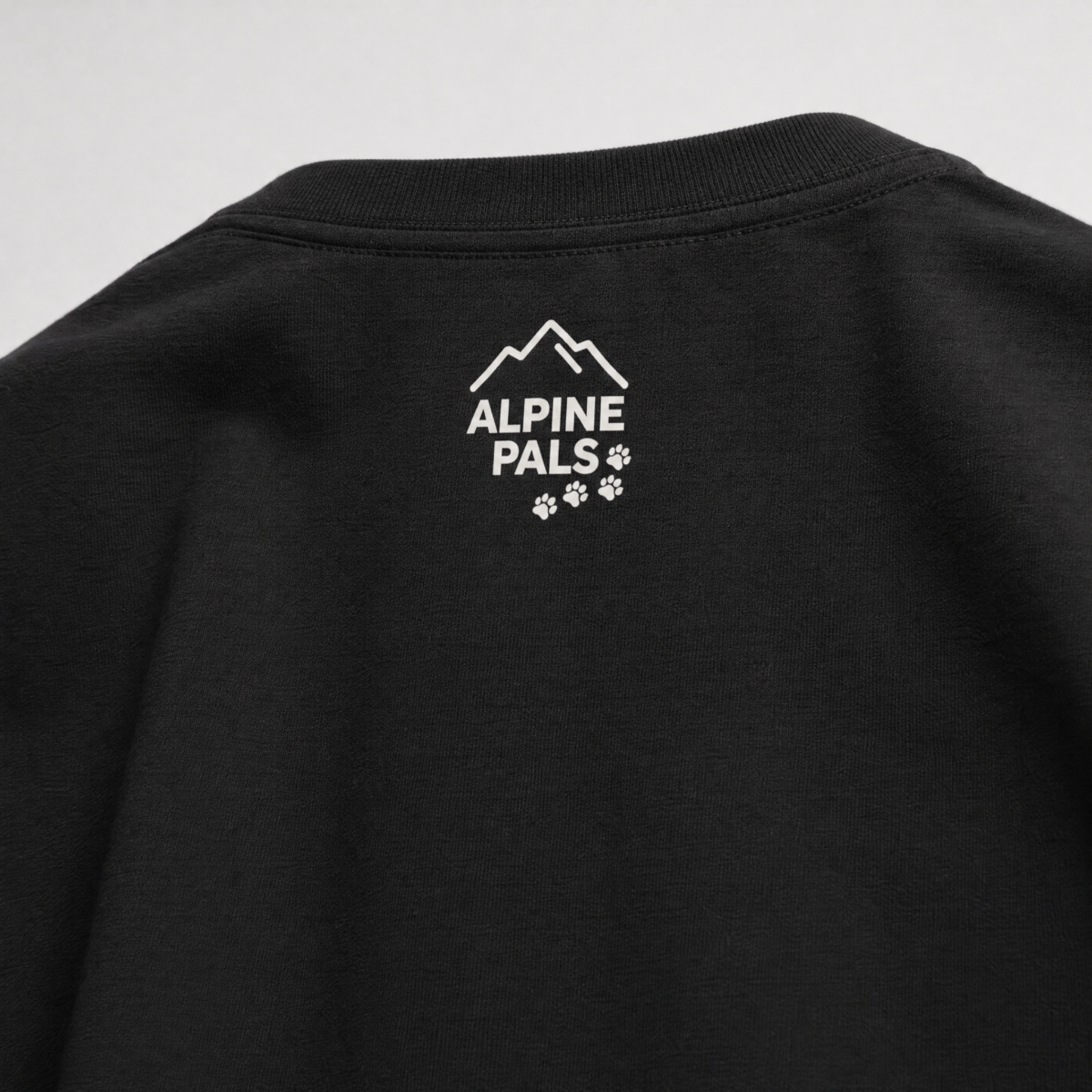 Black shirt with 'Alpine Pals' logo on a light gray background