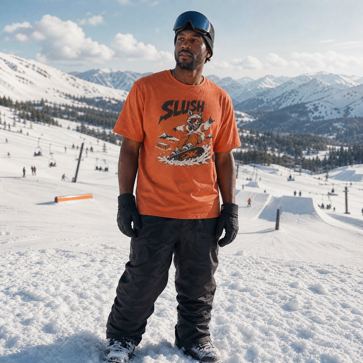 Person wearing an orange 'Slush Season' t-shirt on a snowy mountain with ski lifts and mountains in the background.
