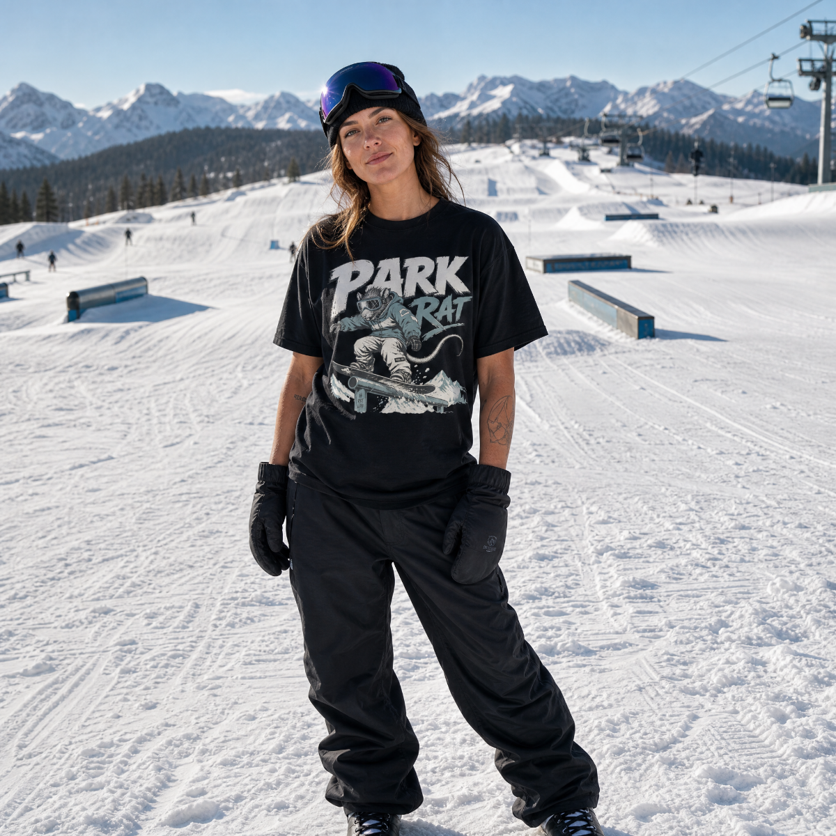 Person wearing a 'Park Rat' t-shirt in a snowy landscape with mountains in the background