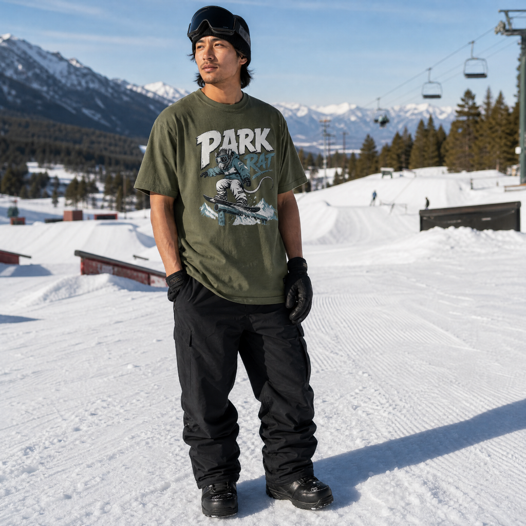 Person wearing a 'Park Rat' t-shirt in a snowy mountain setting with ski lifts and snow-covered trees.