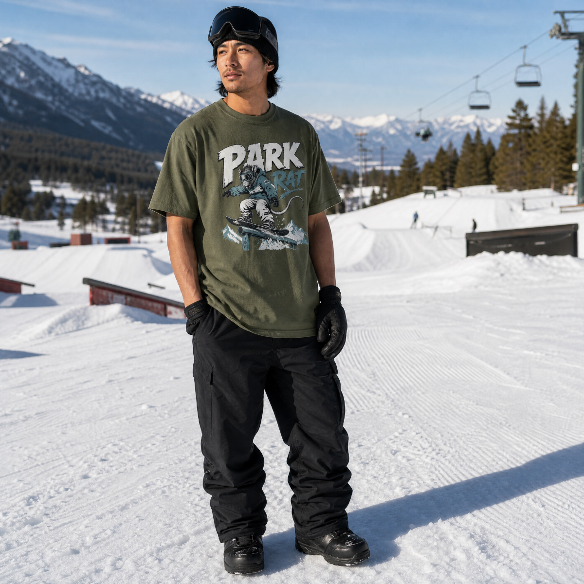 Person wearing a 'Park Rat' t-shirt in a snowy mountain setting with ski lifts and snow-covered trees.
