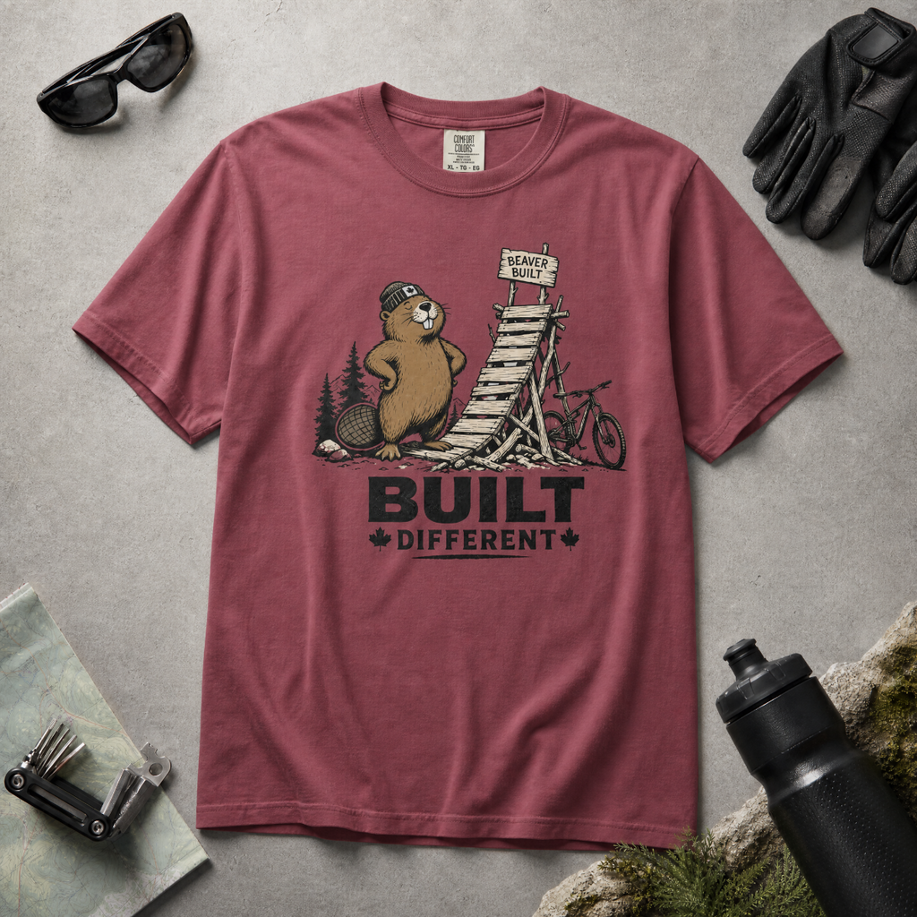 Brick red t-shirt with beaver graphic and 'Built Different' text on a white background