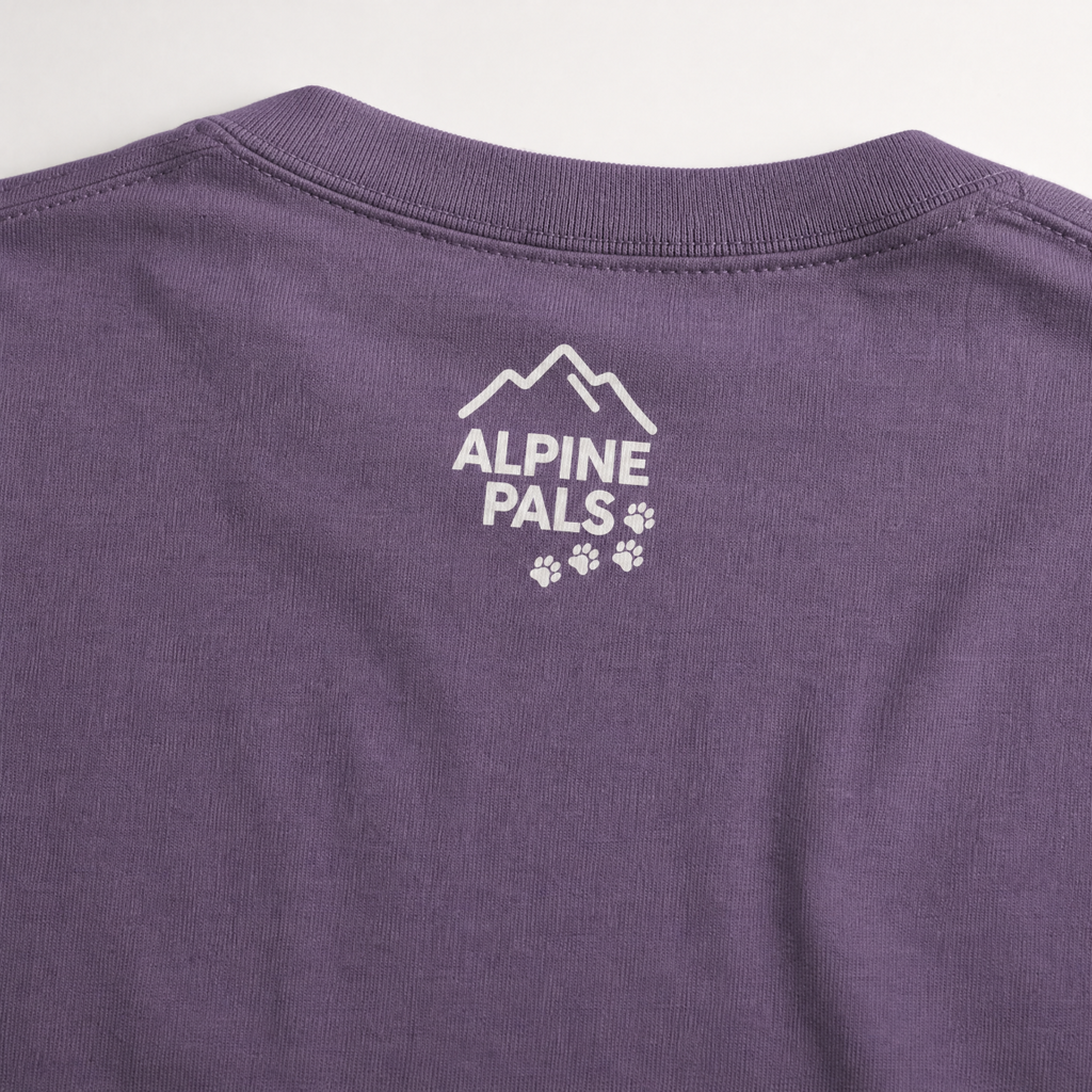'ALPINE PALS' logo on the back of a grape purple shirt.