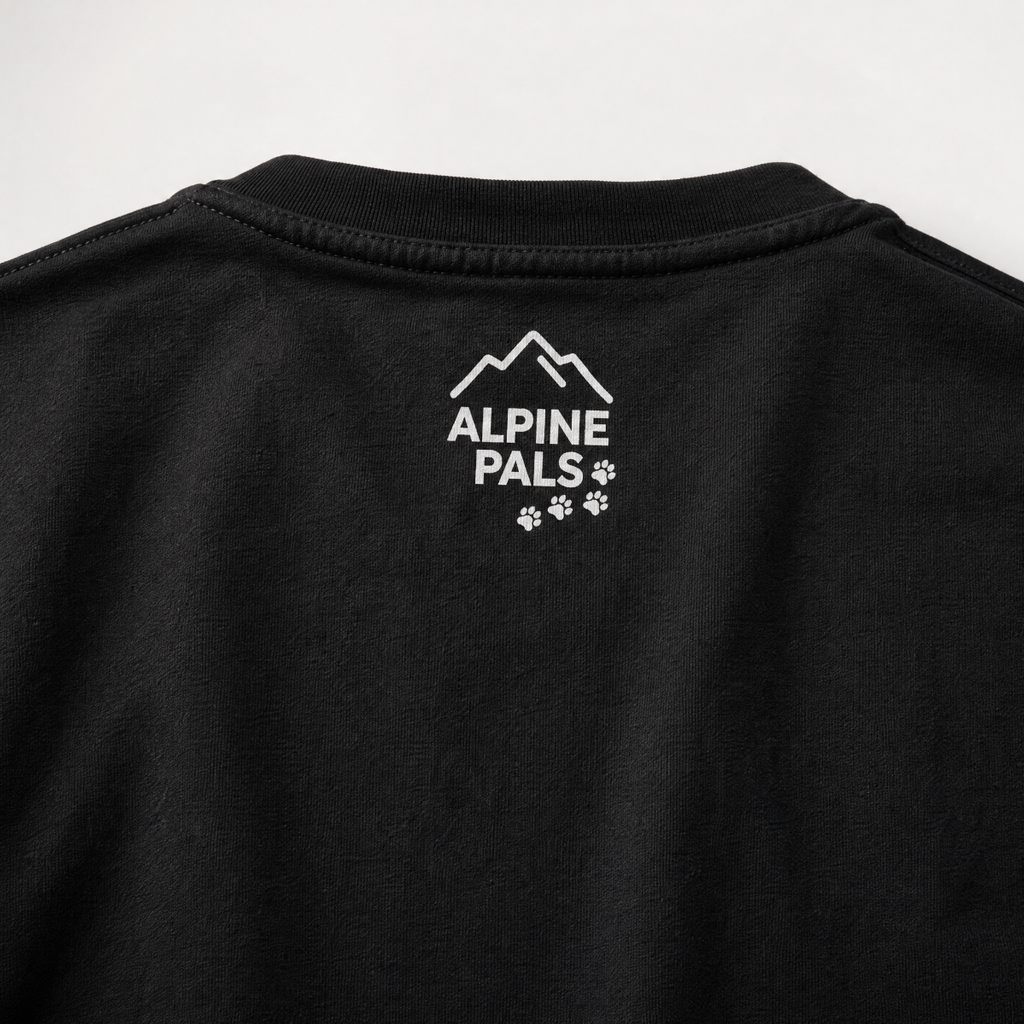 Black shirt with Alpine Pals logo on a white background