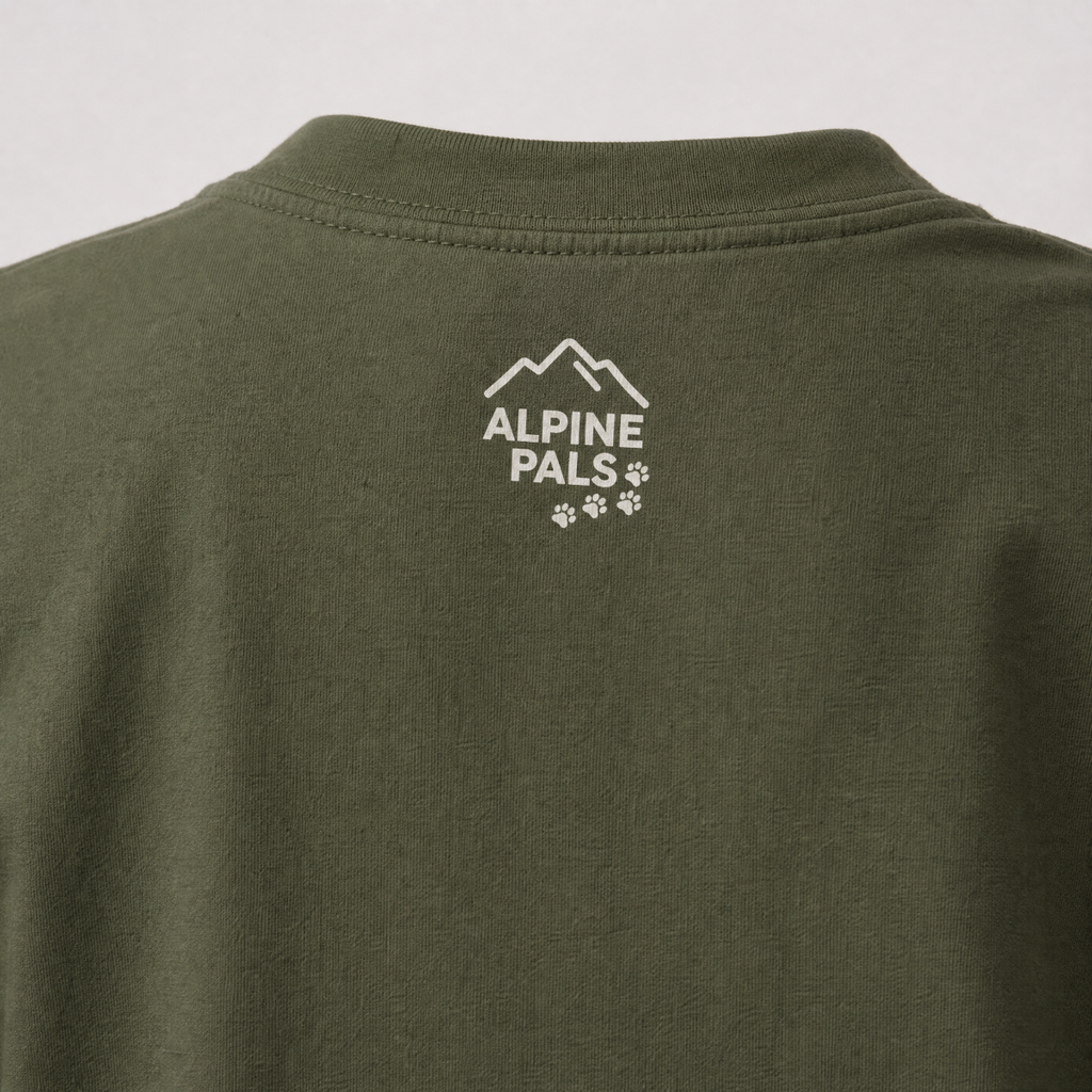 Hemp green t-shirt with 'Alpine Pals' logo on a white background