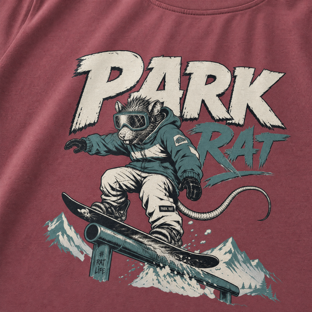 T-shirt with graphic of a rat on a snowboard and 'Park Rat' text on a Brick red background