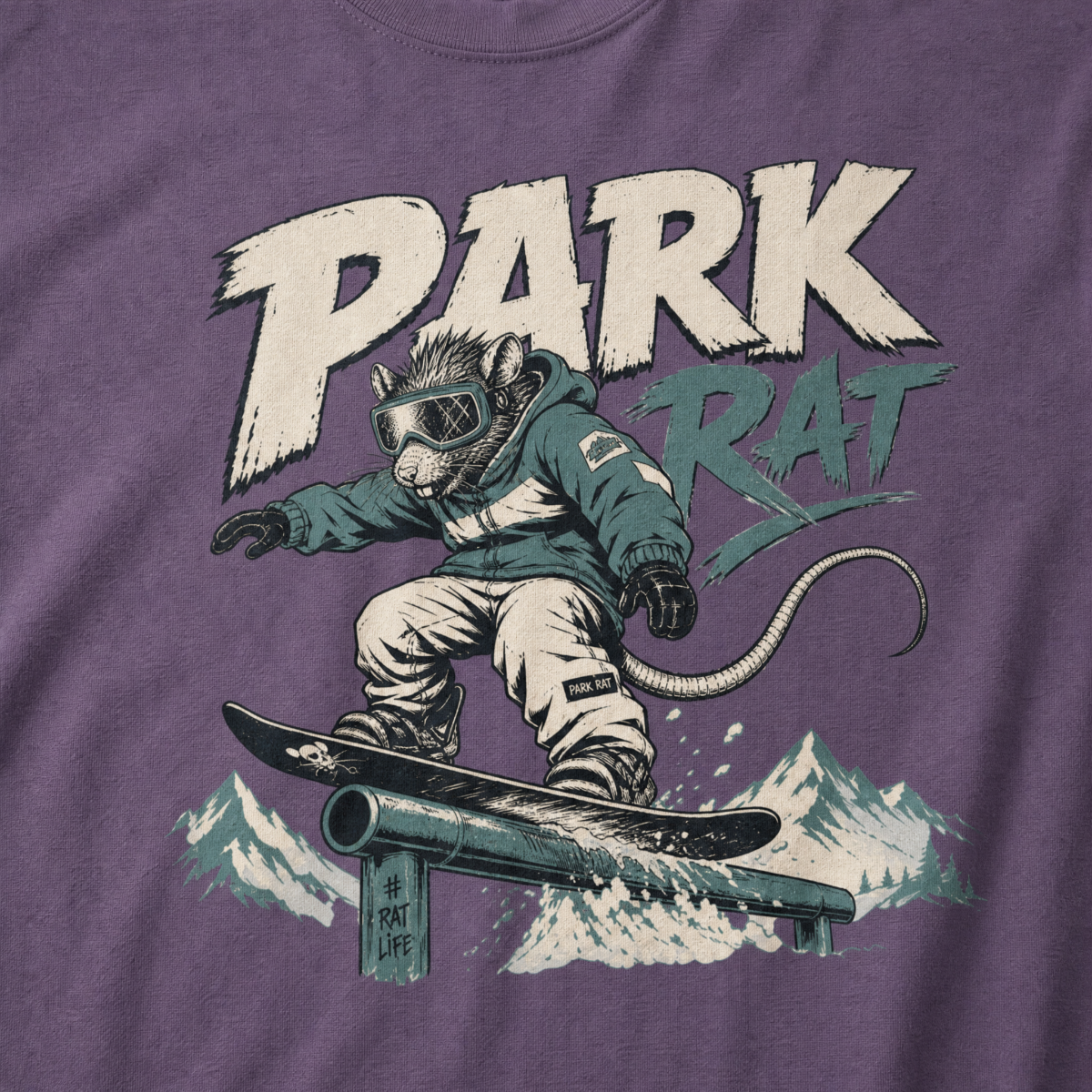 T-shirt with graphic of a rat on a skateboard and 'PARK RAT' text on a purple background