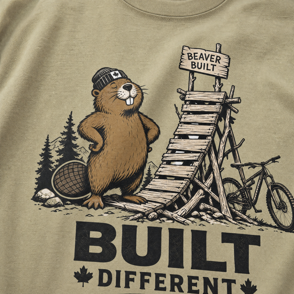 Khaki colored t-shirt with beaver graphic and 'Built Different' text.