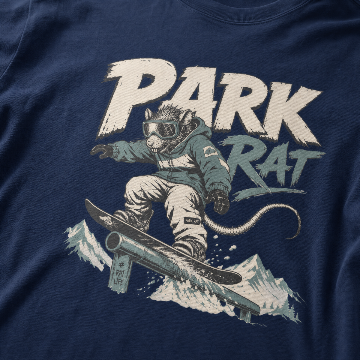 Close up of a snowboarding rat with 'Park Rat' text on a navy blue tee.