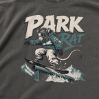 T-shirt with graphic of a rat on a skateboard and 'Park Rat' text on a pepper gray background