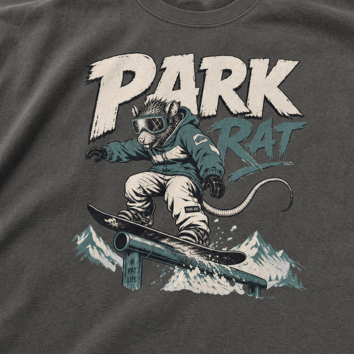 T-shirt with graphic of a rat on a skateboard and 'Park Rat' text on a pepper gray background
