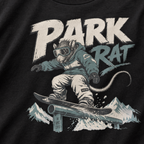 Black t-shirt with graphic of a rat snowboarding and 'Park Rat' text on a dark background