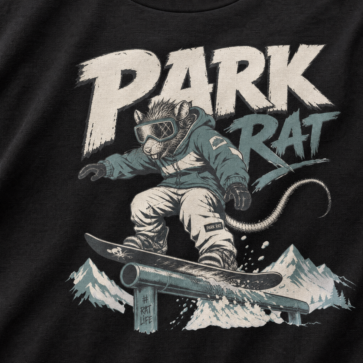 Black t-shirt with graphic of a rat snowboarding and 'Park Rat' text on a dark background