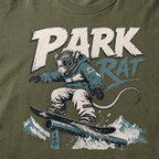 T-shirt with a graphic of a rat on a snowboard and 'Park Rat' text on an Hemp green background