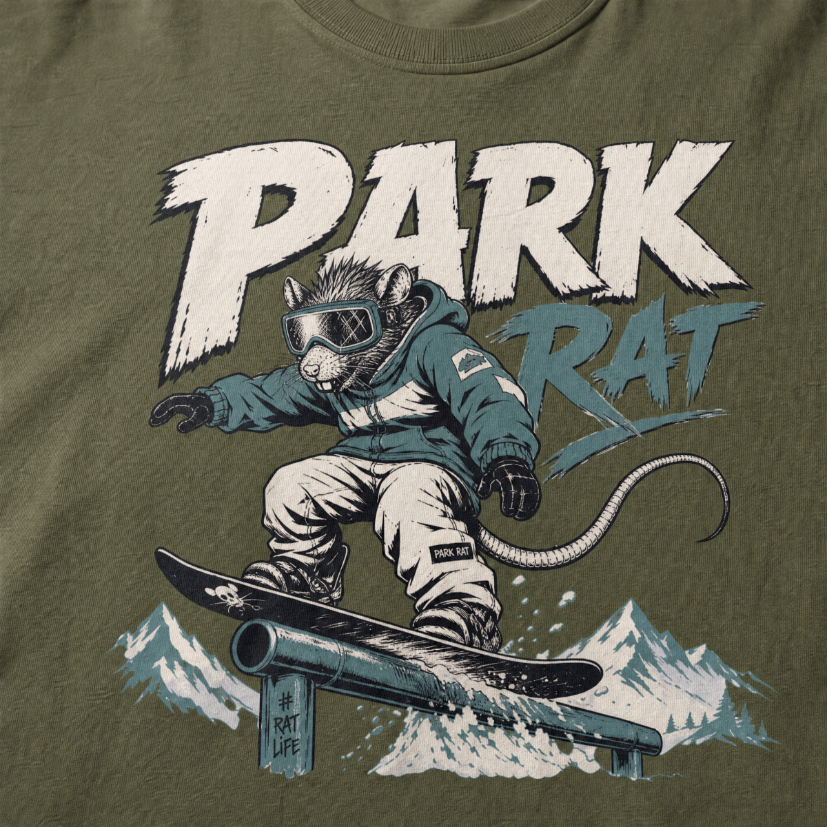 T-shirt with a graphic of a rat on a snowboard and 'Park Rat' text on an Hemp green background