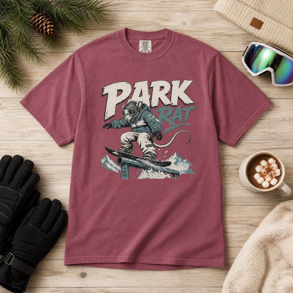 Brick red t-shirt with 'Park Rat' graphic on a wooden surface with winter accessories.