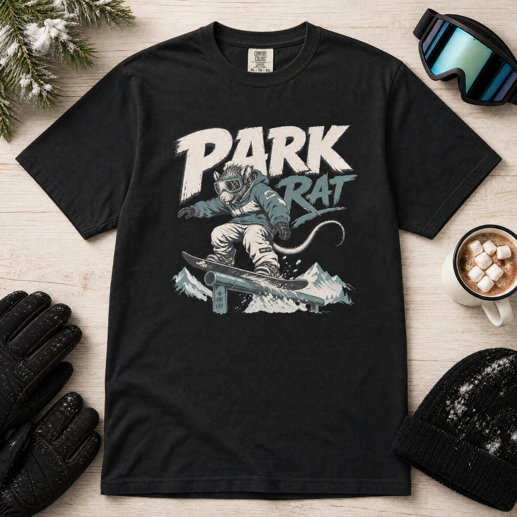 Black t-shirt with 'Park Rat' graphic on a wooden surface with winter accessories.