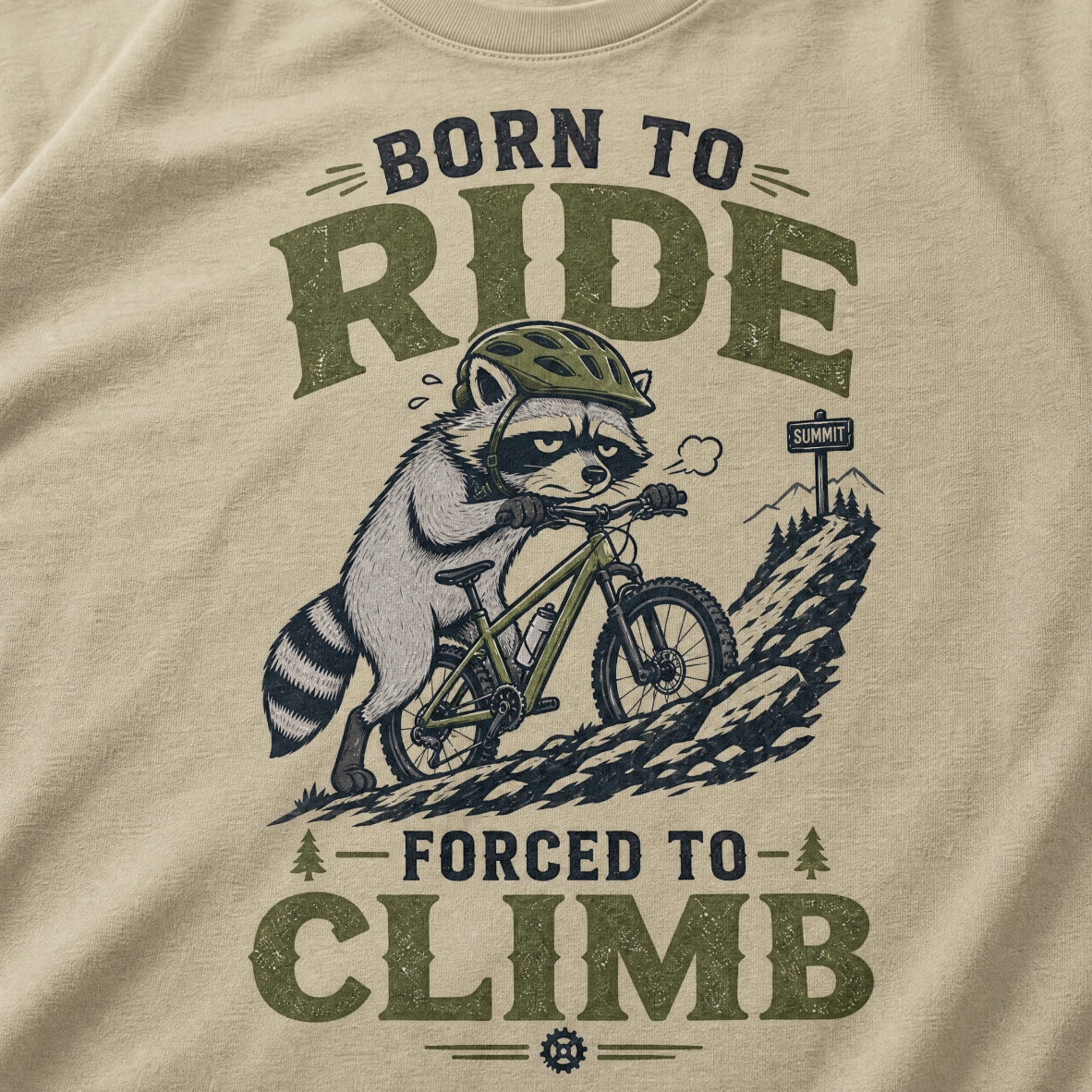 Khaki colored t-shirt with a graphic of a raccoon riding a bike and text 'Born to Ride, Forced to Climb'.