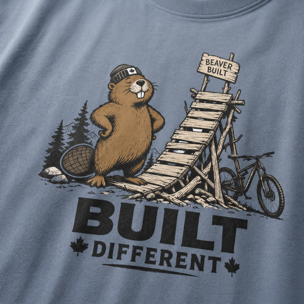 Blue jean colored t-shirt with a beaver graphic and 'Built Different' text.
