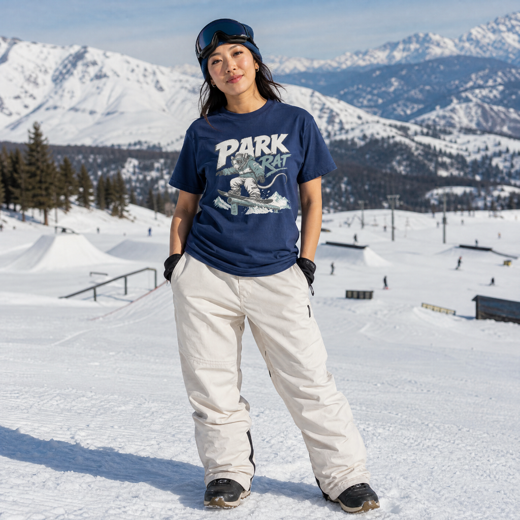Person wearing a 'Park Rat' t-shirt on a snowy mountain with ski jumps and mountains in the background