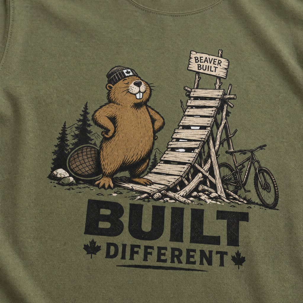 Moss green t-shirt with beaver graphic and 'Built Different' text on a white background