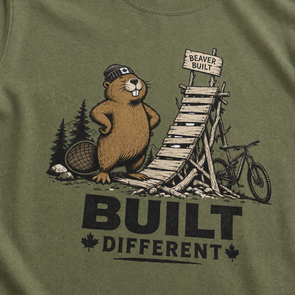 Moss green t-shirt with beaver graphic and 'Built Different' text on a white background