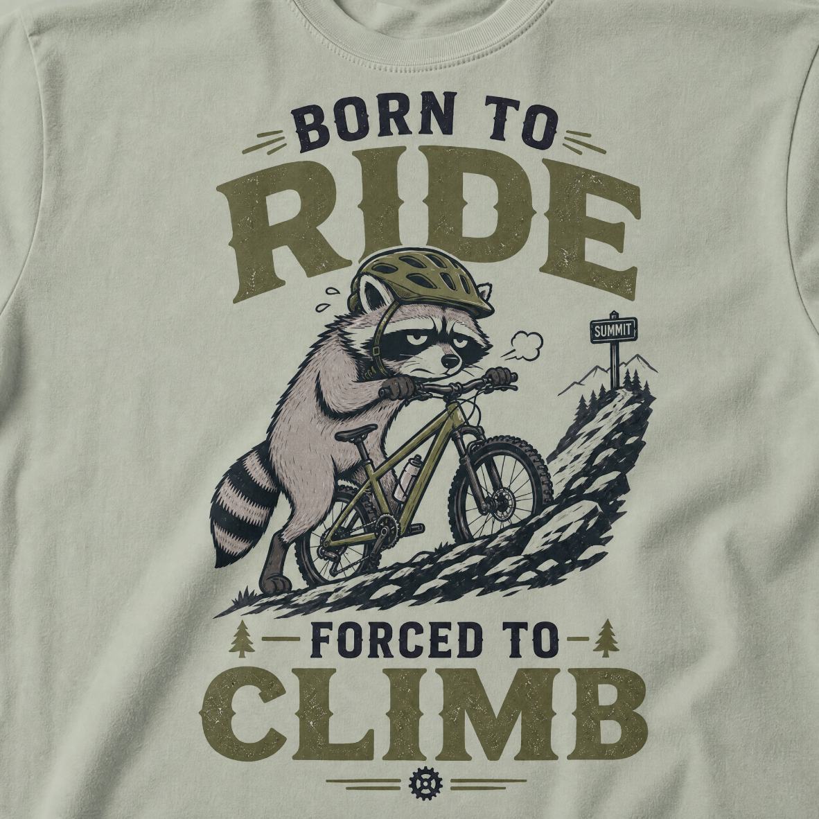 Bay green t-shirt with a graphic of a raccoon riding a bike and text 'Born to Ride, Forced to Climb'.