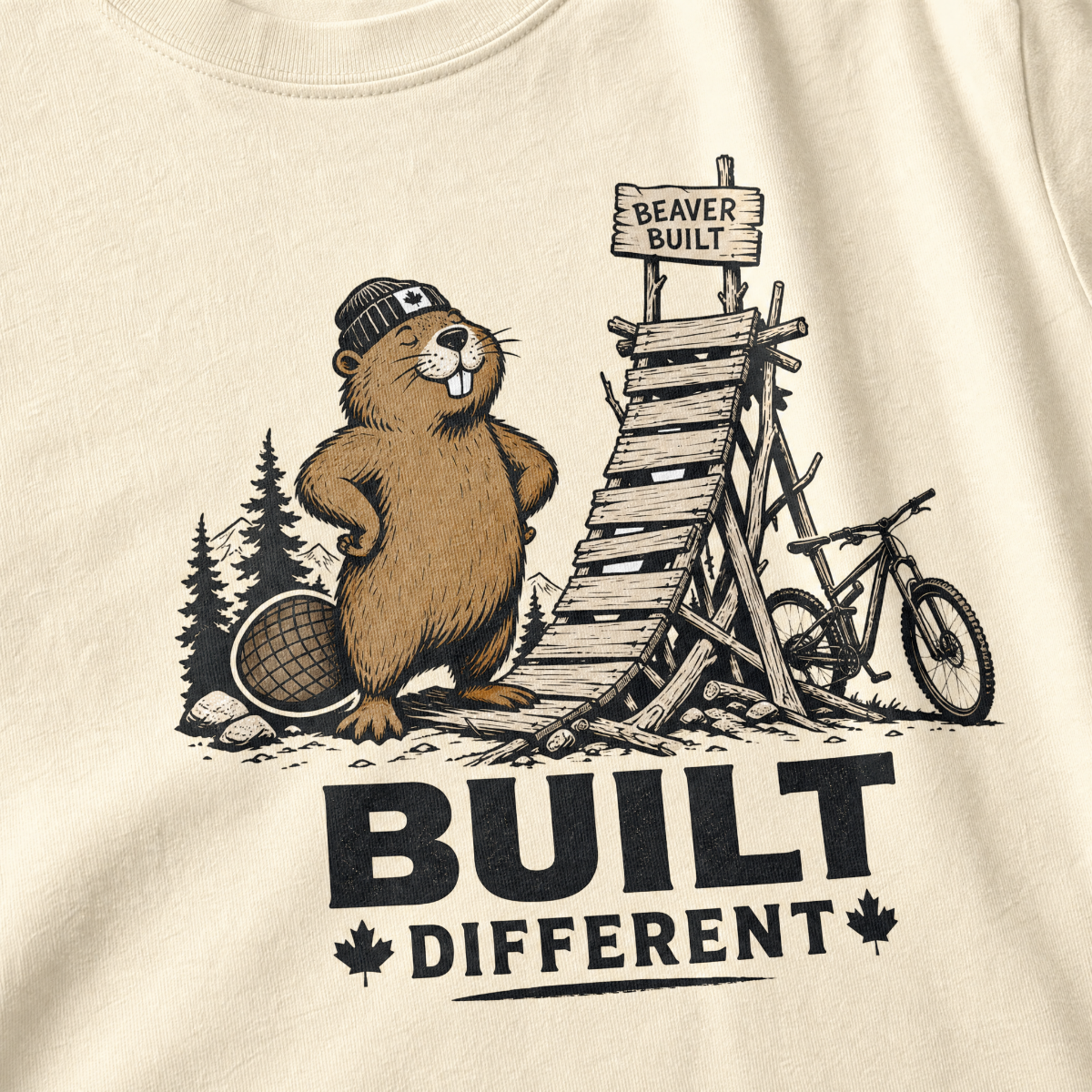 Ivory white t-shirt with beaver graphic and 'Built Different' text.