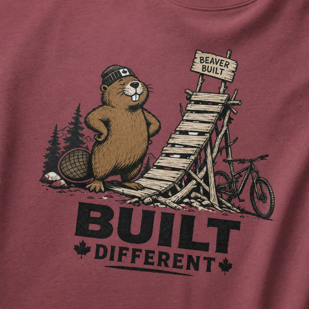 Brick red t-shirt with beaver graphic and 'Built Different' text on a white background