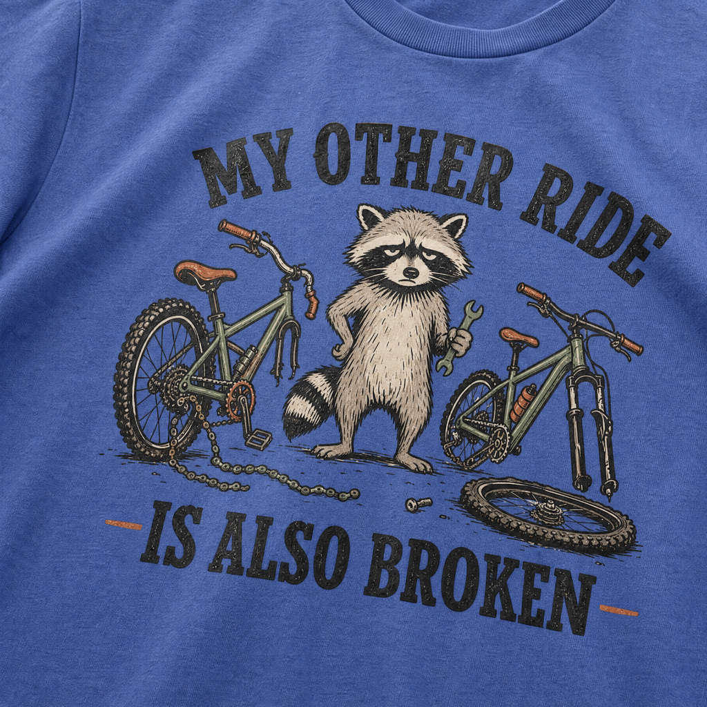 Mystic blue t-shirt with a raccoon and bicycle graphic and text 'My other ride is also broken' on a blue background.