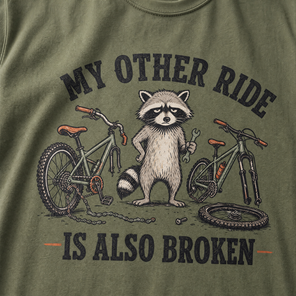 Moss green t-shirt with a raccoon graphic and text 'My other ride is also broken' on a green background.