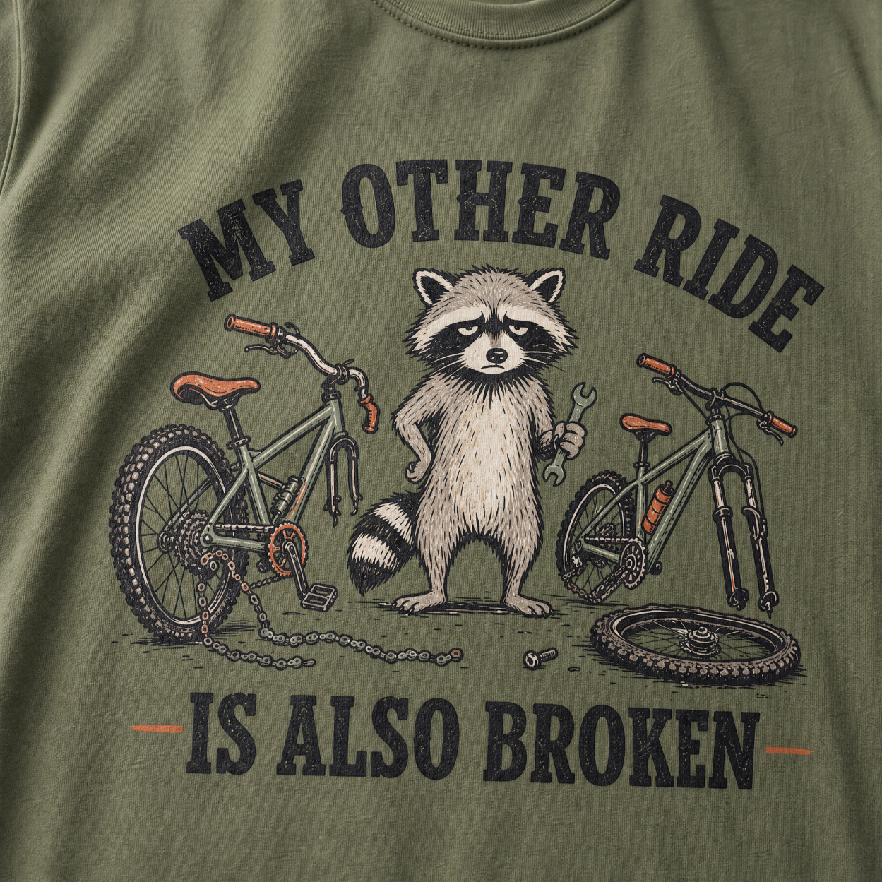 Moss green t-shirt with a raccoon graphic and text 'My other ride is also broken' on a green background.