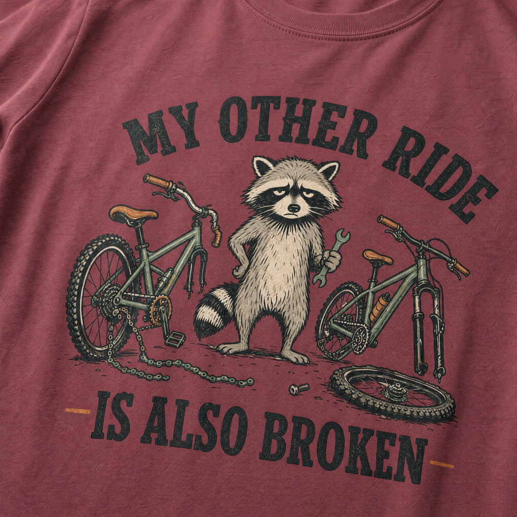 Brick red t-shirt with a raccoon and bicycle graphic and text 'My other ride is also broken' on a plain background.