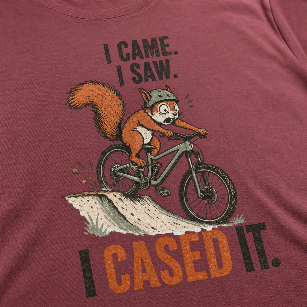 T-shirt with a graphic of a squirrel on a bike and text 'I Came. I Saw. I Cased It.'
