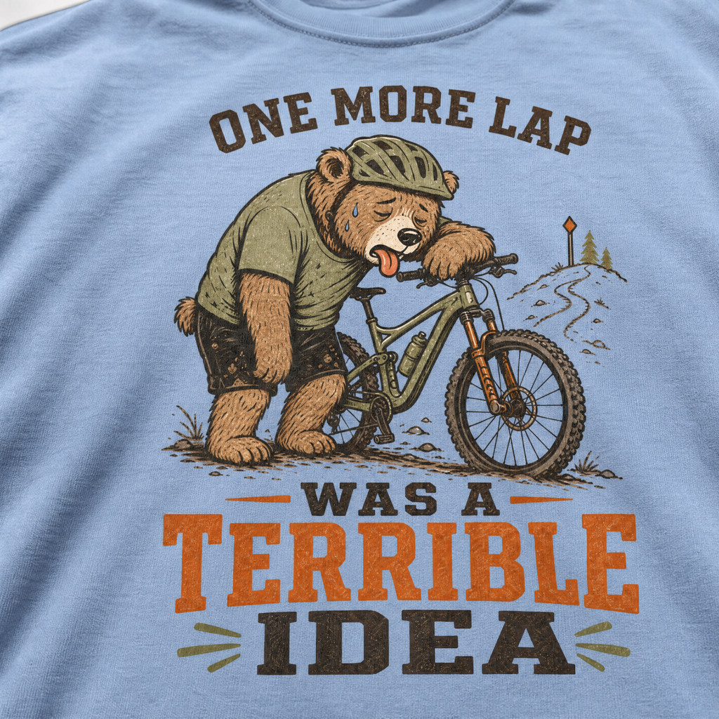 T-shirt with a bear graphic and humorous text on a blue background