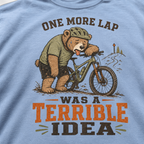 T-shirt with a bear graphic and humorous text on a blue background