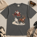 Pepper gray t-shirt with Santa Claus and reindeer graphic on a light gray background