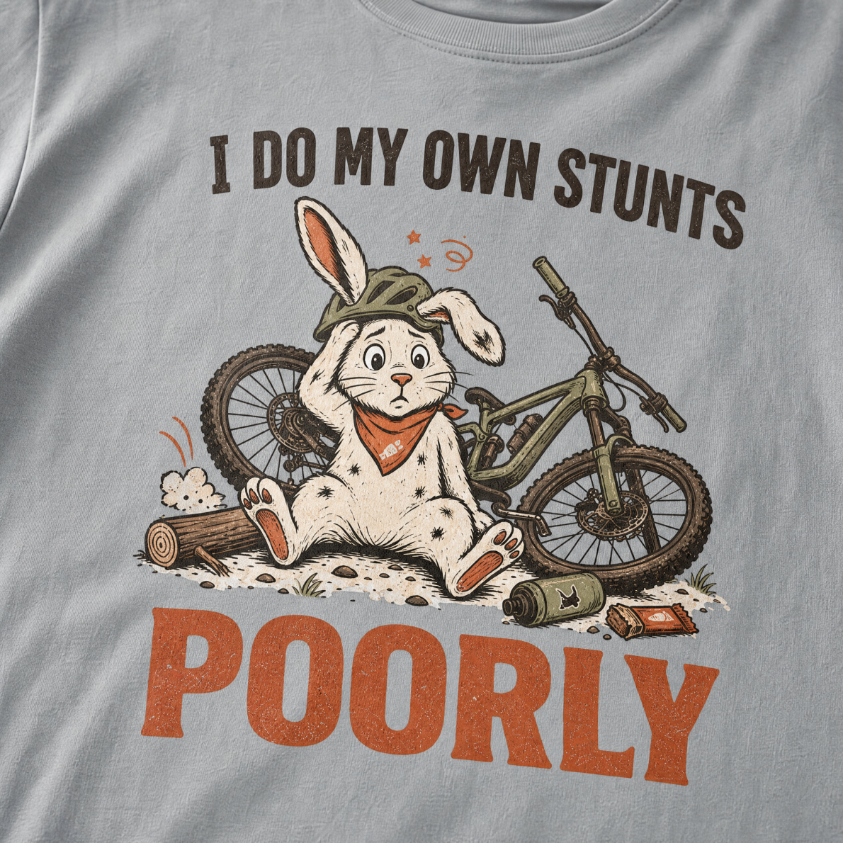 Granite gray t-shirt with a graphic of a rabbit and bicycle, text 'I do my own stunts poorly', on a plain background.