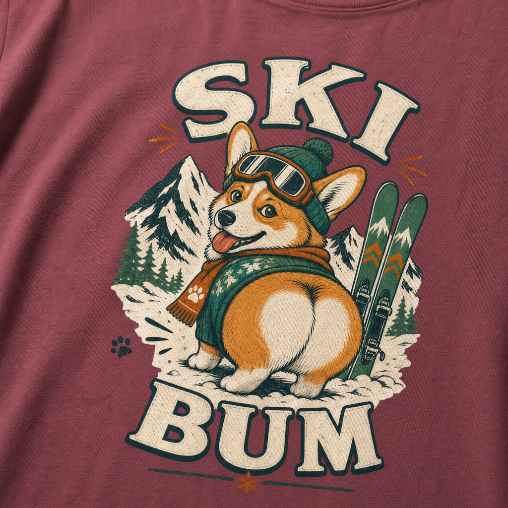 T-shirt with a corgi graphic and 'Ski Bum' text on a brick red background