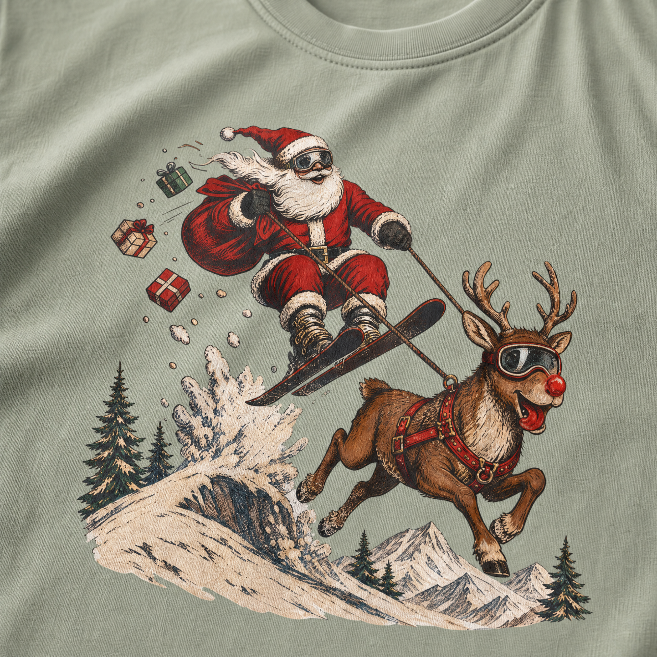 T-shirt with a graphic of Santa Claus skiing with a reindeer on a mountain landscape.