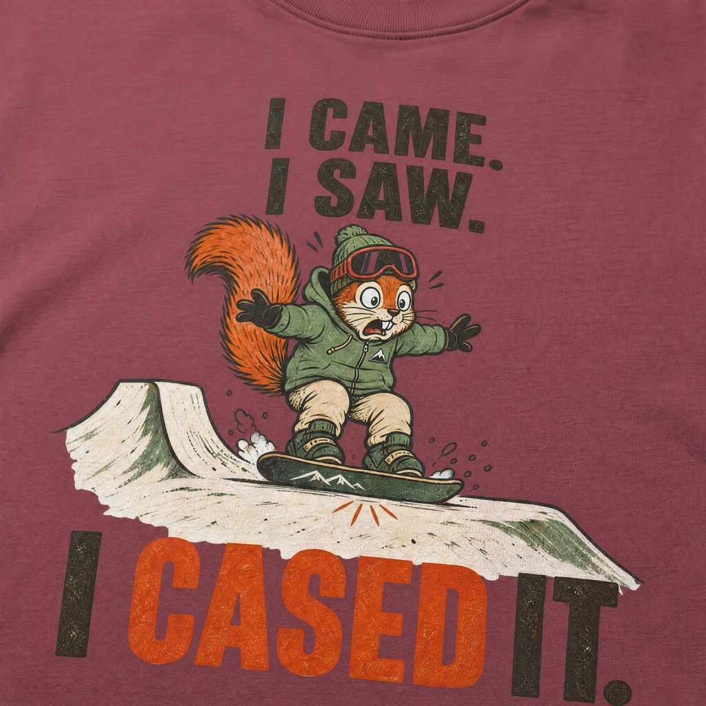 Brick red t-shirt of a squirrel snowboarding with text, "I CAME. I SAW. I CASED IT"