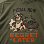 Hemp green t-shirt with a dog graphic and 'Pedal Now Regret Later' text on a green background
