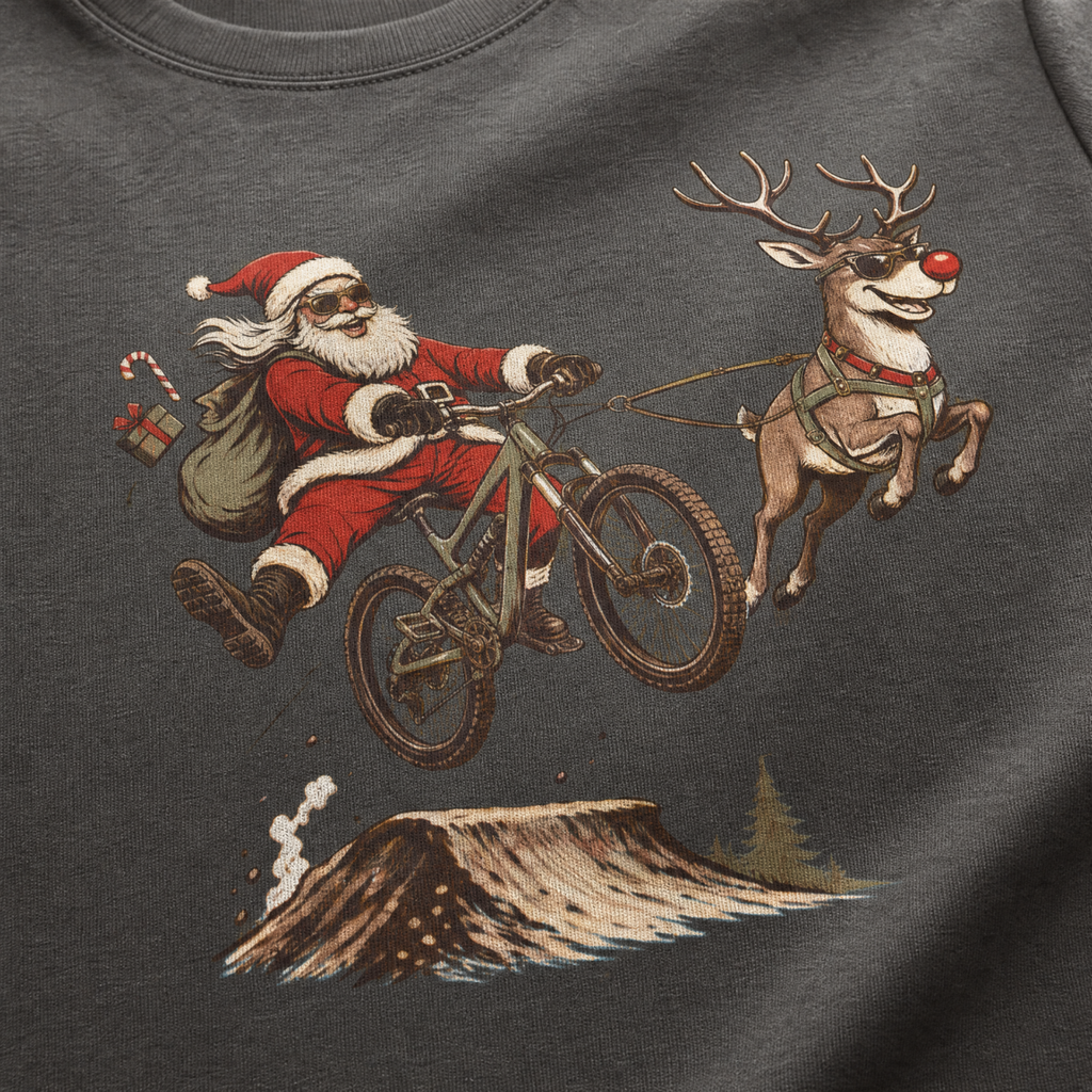 Pepper gray t-shirt with a graphic of Santa Claus riding a bike with a reindeer.