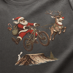 Pepper gray t-shirt with a graphic of Santa Claus riding a bike with a reindeer.