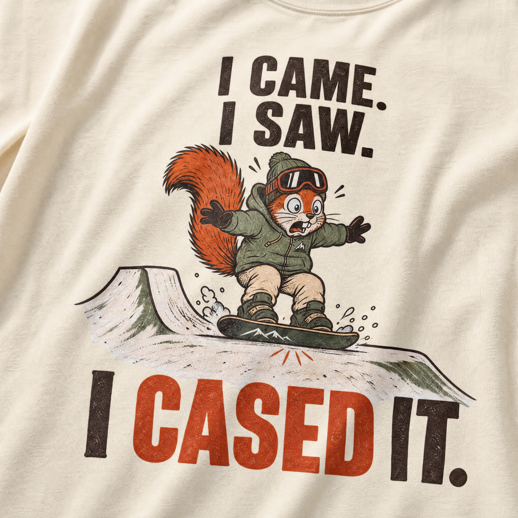 Ivory white t-shirt of a squirrel snowboarding with text, "I CAME. I SAW. I CASED IT"